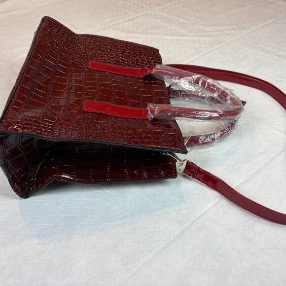 Burgundy and Red Faux Crocodile Embossed patent leather top handle Crossbody Bag - Picture 13 of 16